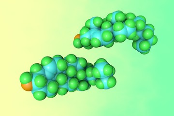 Space-filling cholesterol molecule on colorful background. Healthy life concept. Medical background. Scientific background. 3d illustration