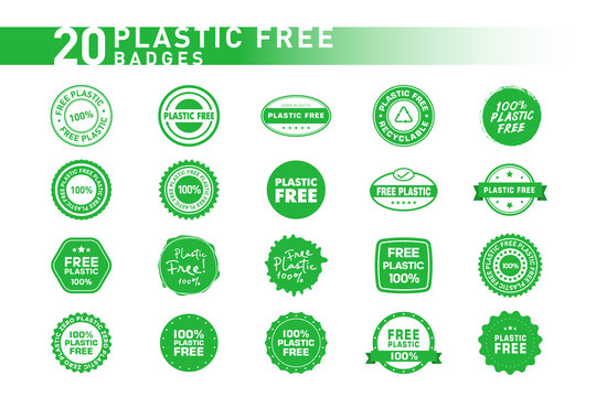Collection of 20 plastic free various badges, symbols and emlems. Ecology and environment protection. Vector illustration.