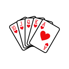 Royal flush hand of hearts, playing cards deck colorful illustration. Poker cards, jack, queen, king and ace vector.