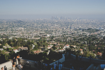Panoramic view of LA downtown and suburbs from the beautiful Griffith Observatory in Los Angeles