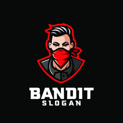 bandit character logo icon design cartoon with red bandana - obrazy, fototapety, plakaty