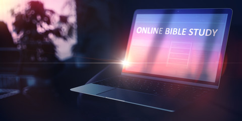Online Bible Study on Beautiful Space Gray New Model of Stylish Contemporary Notebook. Extension School Concept. 3D Render.