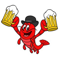 Crawfish Daddy - A cartoon illustration of a Crawfish with a couple of mugs of Beer.