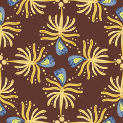 Fototapeta na wymiar seamless pattern of yellow and blue leaves on a dark background. oriental ornament.