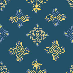 Oriental ornament on a blue background. seamless pattern of yellow leaves on a blue background