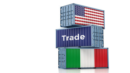 Freight container with Italy and USA flag. 3D Rendering