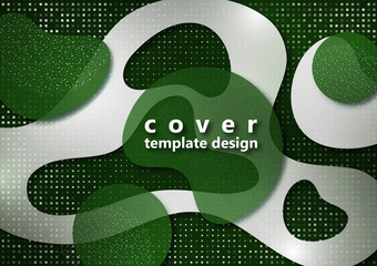 Embossed layers of cut paper, dynamic colored shapes, circles, small particles. Halftone texture. Wavy geometric shapes. Template for website, cover, brochure, banner.
