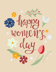 International Women's Day greeting card template with hand drawn lettering, blooming flowers and branch. Vector illustration for 8 March.