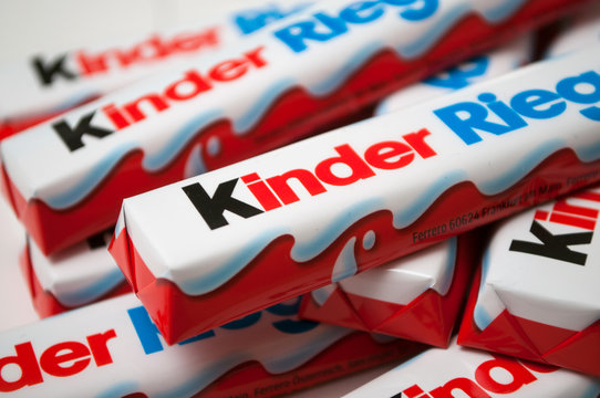 Mulhouse - France - 6 February 2020 - Closeup of Kinder chocolate bar by ferrero compagny on white background