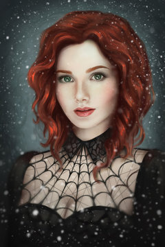 Portrait of a Gothic red-haired girl in the snow