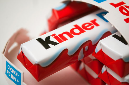 Mulhouse - France - 6 February 2020 - Closeup of Kinder chocolate bar by ferrero compagny on white background