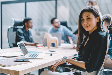 Asian businesswoman during meeting in office