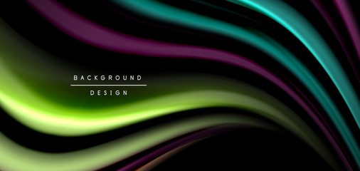 Abstract silk smooth lines on black, multicolored liquid fluid rainbow style waves on black