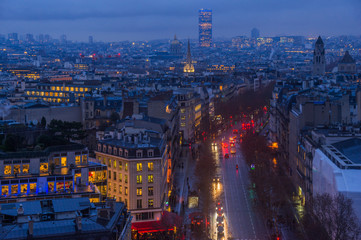 FEBRUARY 1, 2019 - PARIS, FRANCE: Panoramic aerial view over Paris at winter evening