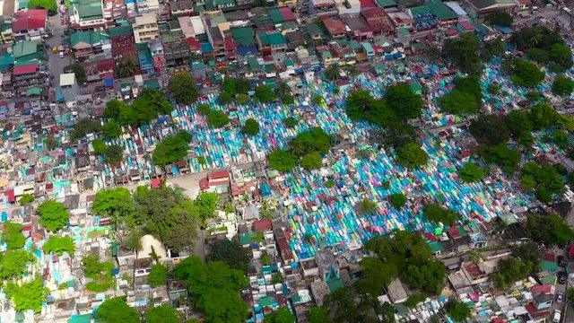 Manila North Cemetery. The northern cemetery in Manila with many graves and crypts in the city center aerial view. 