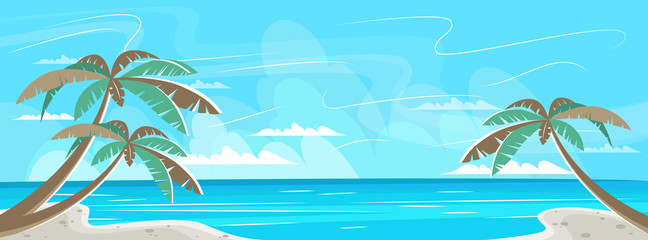 Fototapeta na wymiar Vector illustration. Summer landscape. Beach, ocean, palm trees.