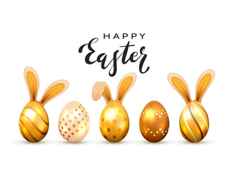 Golden Easter Eggs with Rabbit Ears and Lettering Happy Easter on White Background
