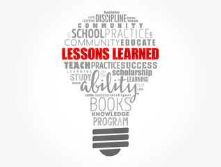 Lessons Learned light bulb word cloud collage, education concept background