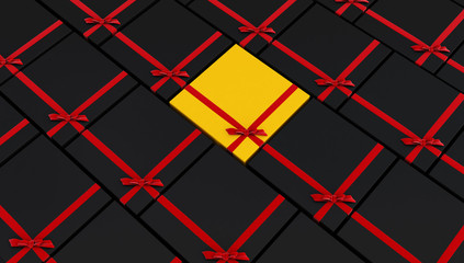 3d rendering of Black gift box with shiny red ribbons withe yellow box in the middle ,
