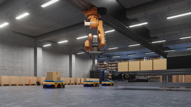 Robotic arm for packing with producing and maintaining logistics systems using Automated Guided Vehicle (AGV),3d rendering