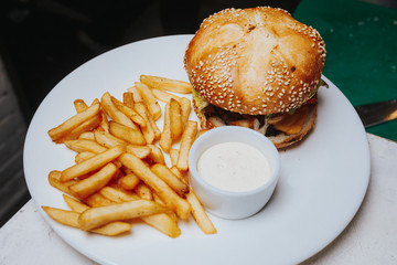 Hamburger and French fries
