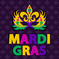 Mardi Gras carnival. Fat Tuesday, carnival, festival. For greeting cards, banner, gift wrapping, poster. Vector illustration in a flat style on a purple seamless background with a heraldic Lily.
