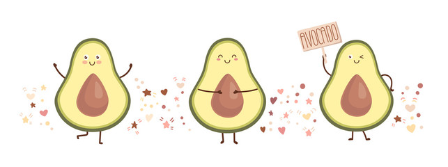 Vector illustration of happy avocado. Set of three kawaii characters with doodle hearts, starts, and dots. Cute fruits in a trendy flat style. Card, print, poster design isolated on white background.