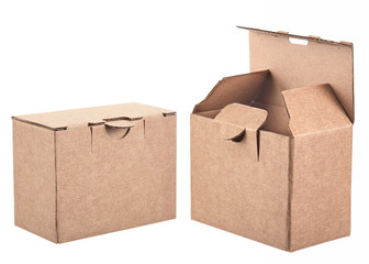 Set of two angles of a cardboard packaging box made of dense corrugated cardboard with an open and closed lid with a locking system with fixation, isolated on a white background.