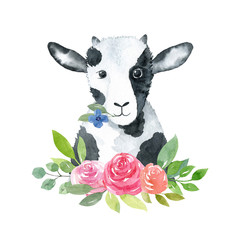 Goat with flowers- watercolor illustration isolated on white background. Cute baby goat character, front view. Nursery room décor, monochrome portrait. Print for t-shirts, apparel, posters, clothes.