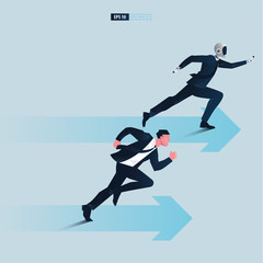 Futuristic humanoid business people with Artificial Intelligence technology concept. Business arrows concept with robot and businessman running to success.