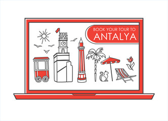 Naklejka premium Vector line illustration Travel to Antalya, Turkey. Online tour booking. Famous Turkish landmarks on the laptop screen. Travel agency design in modern minimalist style.