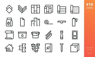 Building materials icons set. Set of laminate, tile, parquet, vinyl floor, silicone sealant, wallpaper glue, paint can, siding, tile adhesive, wooden boards, linoleum, carpet roll vector outline icon