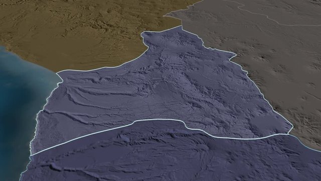 Arica y Parinacota, region with its capital, zoomed and extruded on the administrative map of Chile in the conformal Stereographic projection. Animation 3D