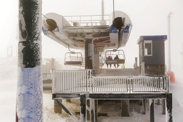 Ski lift on ski resort in winter. Kopaonik, Serbia. Winter landscape