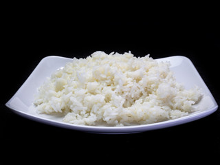 bowl full of rice on a black background.