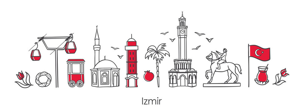 Vector illustration Symbols of Izmir, Turkey. Clock Tower, historic elevator, mosque, monument and other Turkish landmarks. Horizontal banner design for souvenir print and city promotion