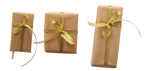 rectangle box wrapped in brown kraft paper and tied with a golden ribbon