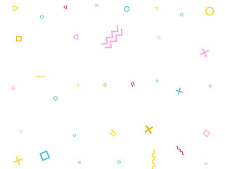 Geometric confetti background with triangle, circle, square shapes, chevron and wavy lines