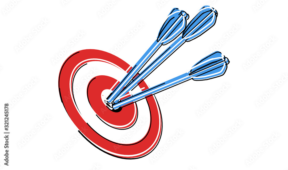 Poster arrow hitting in the target center of dartboard on bullseye.