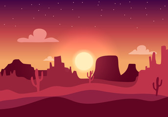 Desert sunset silhouette landscape. Arizona or Mexico western cartoon background with wild cactus, canyon mountain