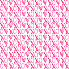 XO with heart Valentine's day love watercolor pattern illustrated in pink color.