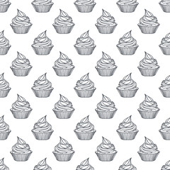 Vector seamless pattern with doodle cupcakes; hand drawing dessert for wrapping paper, package, fabric, web design.