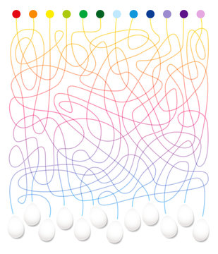 Easter egg labyrinth - connect the colored dots with the eggs and color them. Funny labyrinth game for children. Vector illustration on white background.