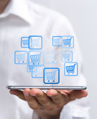 Online shopping business concept selecting shopping cart.