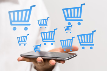 Shopping cart on digital tablet. Shopping online concept..