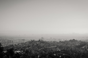 Black and white photography of the panoramic view of LA downtown and suburbs from the Griffith...