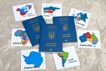 passports and cards with continents