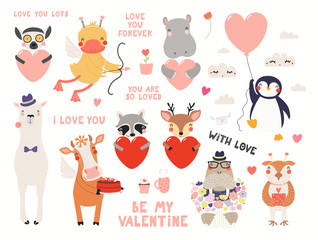 Obraz na płótnie Canvas Big Valentines day set with cute animals, hearts, quotes. Isolated objects on white background. Hand drawn vector illustration. Scandinavian style flat design. Concept for children holiday print.