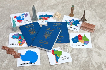passports and cards with continents