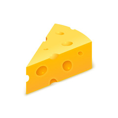 Vector cheese cheddar piece. Slice block of swiss cheese. Triangle realistic isolated yellow icon